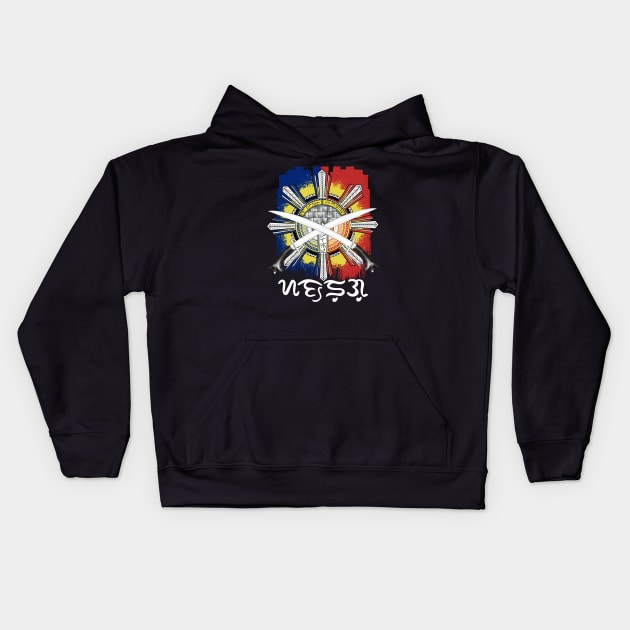 Philippine Flag Sun/Ginunting sword/Badlit word Sandugo (One Blood) Kids Hoodie by Pirma Pinas